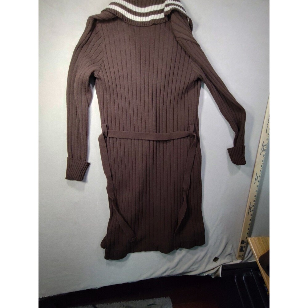 Vintage 1970s Knit Duster Skirt Cardigan Sweater Belted Varsity Collegiate Set - Picture 9 of 16